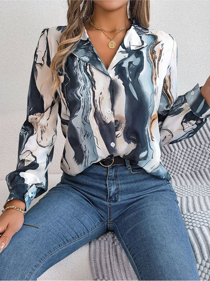 Shirts- Notch Lapel Shirt - Elegant Abstract Print, Long sleeve Blouse- - Pekosa Women Clothing