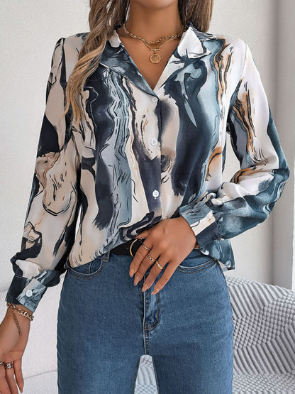 Shirts- Notch Lapel Shirt - Elegant Abstract Print, Long sleeve Blouse- - Pekosa Women Clothing