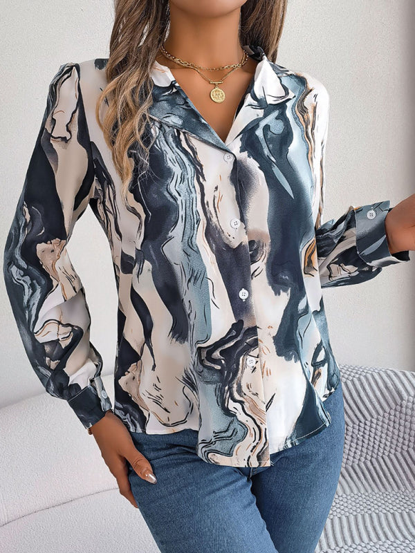 Shirts- Notch Lapel Shirt - Elegant Abstract Print, Long sleeve Blouse- - Pekosa Women Clothing