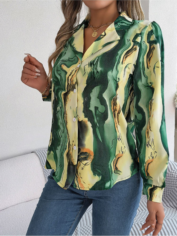 Shirts- Notch Lapel Shirt - Elegant Abstract Print, Long sleeve Blouse- - Pekosa Women Clothing