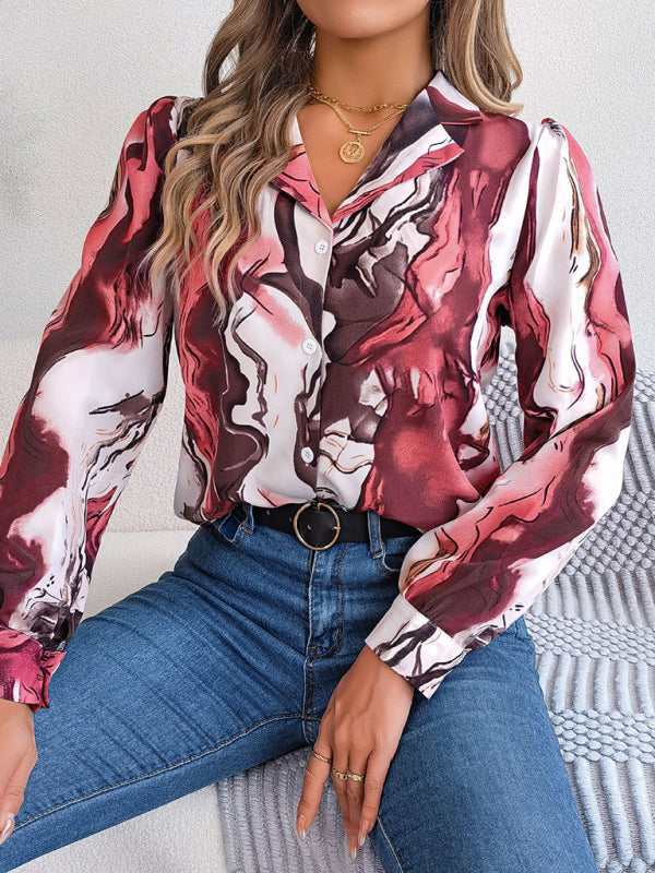 Shirts- Notch Lapel Shirt - Elegant Abstract Print, Long sleeve Blouse- - Pekosa Women Clothing