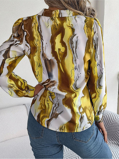 Shirts- Notch Lapel Shirt - Elegant Abstract Print, Long sleeve Blouse- - Pekosa Women Clothing