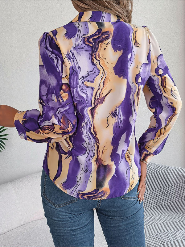 Shirts- Notch Lapel Shirt - Elegant Abstract Print, Long sleeve Blouse- - Pekosa Women Clothing