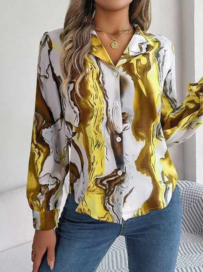 Shirts- Notch Lapel Shirt - Elegant Abstract Print, Long sleeve Blouse- - Pekosa Women Clothing