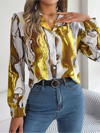 Shirts- Notch Lapel Shirt - Elegant Abstract Print, Long sleeve Blouse- Yellow- Pekosa Women Clothing