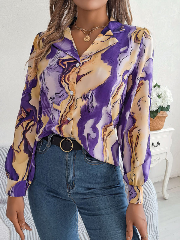 Shirts- Notch Lapel Shirt - Elegant Abstract Print, Long sleeve Blouse- Purple- Pekosa Women Clothing