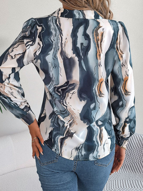 Shirts- Notch Lapel Shirt - Elegant Abstract Print, Long sleeve Blouse- - Pekosa Women Clothing