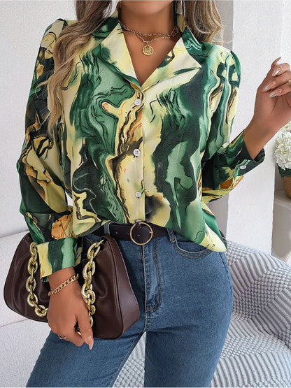 Shirts- Notch Lapel Shirt - Elegant Abstract Print, Long sleeve Blouse- - Pekosa Women Clothing