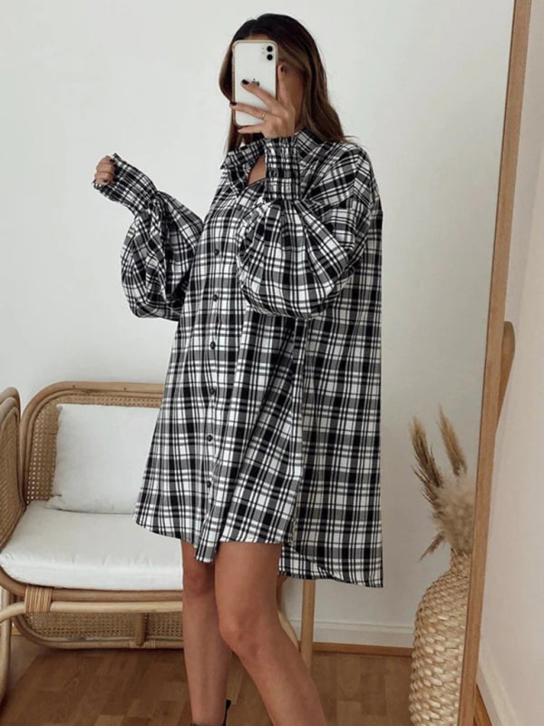 Shirts- Oversized Plaid Button-Up Shirt with Long Lantern Sleeves- - IndioGear Fashion and Gear