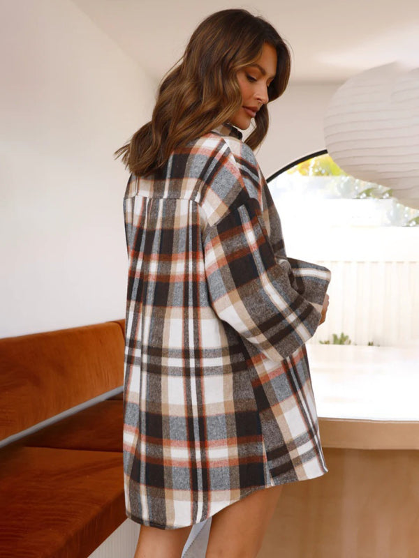 Shirts- Oversized Plaid Button-Up Shirt with Long Lantern Sleeves- - IndioGear Fashion and Gear