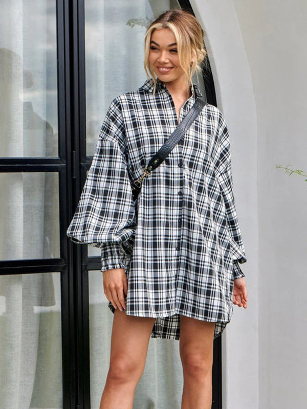 Shirts- Oversized Plaid Button-Up Shirt with Long Lantern Sleeves- - IndioGear Fashion and Gear