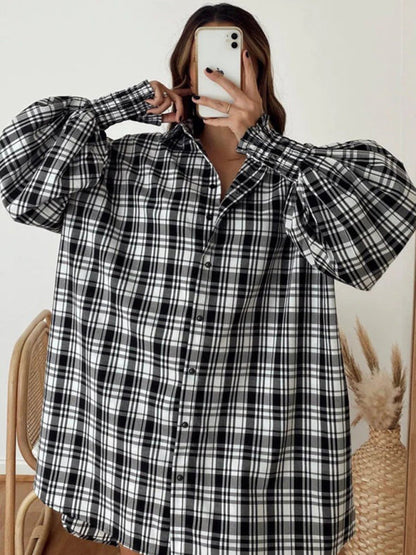 Shirts- Oversized Plaid Button-Up Shirt with Long Lantern Sleeves- - IndioGear Fashion and Gear