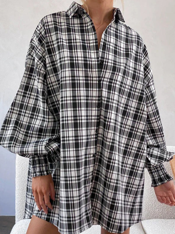 Shirts- Oversized Plaid Button-Up Shirt with Long Lantern Sleeves- - IndioGear Fashion and Gear