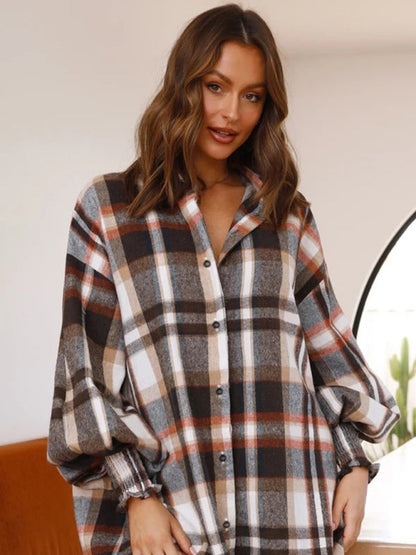 Shirts- Oversized Plaid Button-Up Shirt with Long Lantern Sleeves- - IndioGear Fashion and Gear