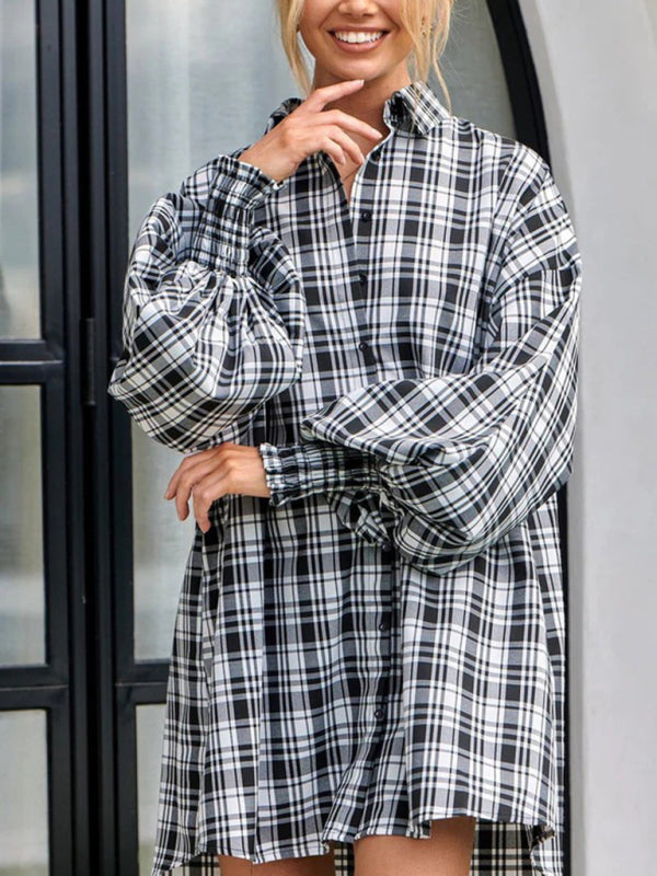 Shirts- Oversized Plaid Button-Up Shirt with Long Lantern Sleeves- - IndioGear Fashion and Gear