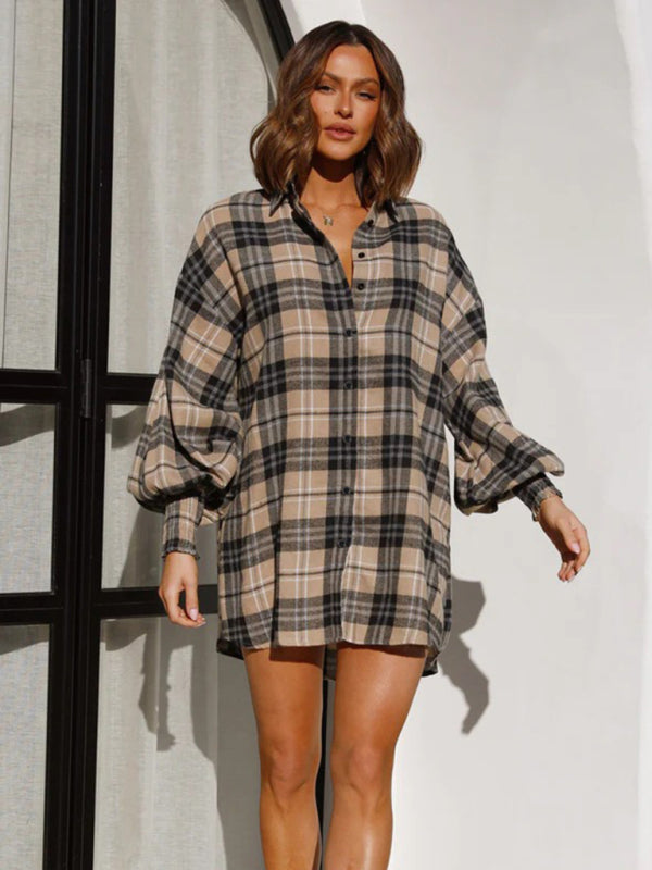 Shirts- Oversized Plaid Button-Up Shirt with Long Lantern Sleeves- - IndioGear Fashion and Gear