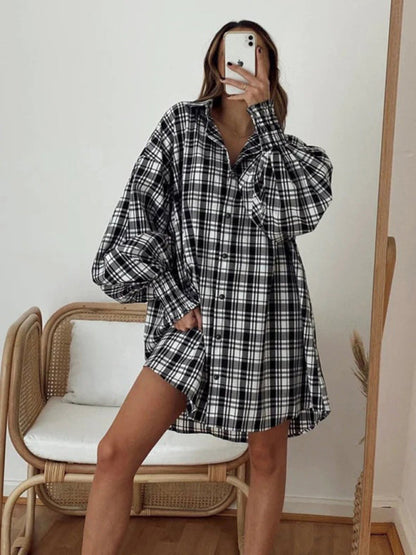 Shirts- Oversized Plaid Button-Up Shirt with Long Lantern Sleeves- - IndioGear Fashion and Gear