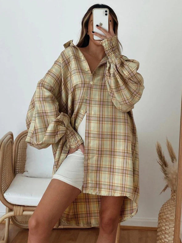 Shirts- Oversized Plaid Button-Up Shirt with Long Lantern Sleeves- Earth yellow- IndioGear Fashion and Gear