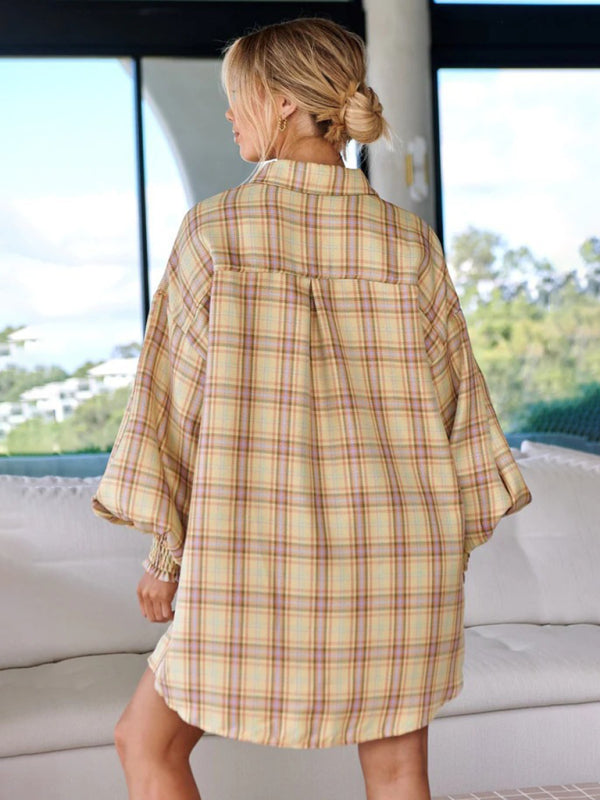 Shirts- Oversized Plaid Button-Up Shirt with Long Lantern Sleeves- - IndioGear Fashion and Gear