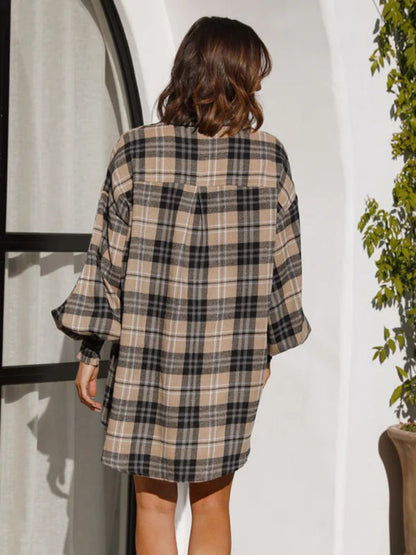 Shirts- Oversized Plaid Button-Up Shirt with Long Lantern Sleeves- - IndioGear Fashion and Gear