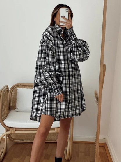 Shirts- Oversized Plaid Button-Up Shirt with Long Lantern Sleeves- - IndioGear Fashion and Gear