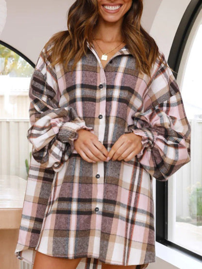 Shirts- Oversized Plaid Button-Up Shirt with Long Lantern Sleeves- Pastel pink- IndioGear Fashion and Gear