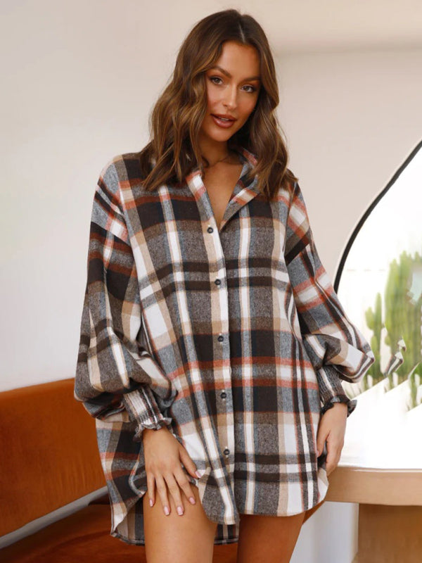 Shirts- Oversized Plaid Button-Up Shirt with Long Lantern Sleeves- Red- IndioGear Fashion and Gear