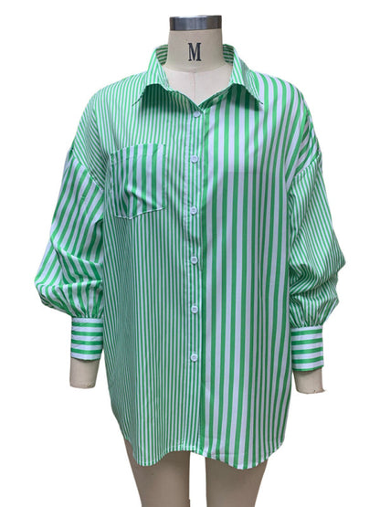 Shirts- Oversized Women's Striped Shirt with Flowy Lantern Sleeves- - IndioGear Fashion and Gear