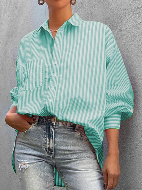 Shirts- Oversized Women's Striped Shirt with Flowy Lantern Sleeves- - IndioGear Fashion and Gear