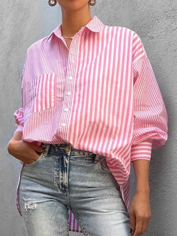 Shirts- Oversized Women's Striped Shirt with Flowy Lantern Sleeves- - IndioGear Fashion and Gear