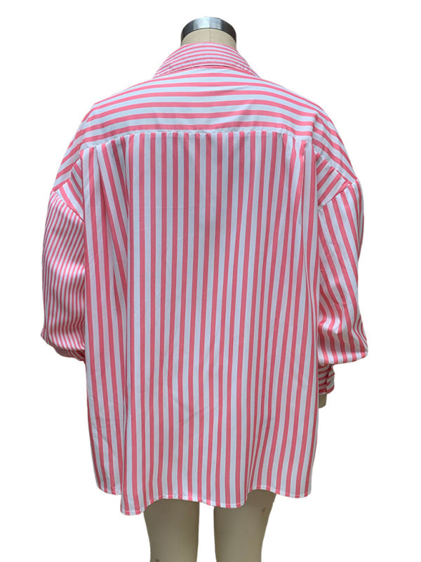 Shirts- Oversized Women's Striped Shirt with Flowy Lantern Sleeves- - IndioGear Fashion and Gear