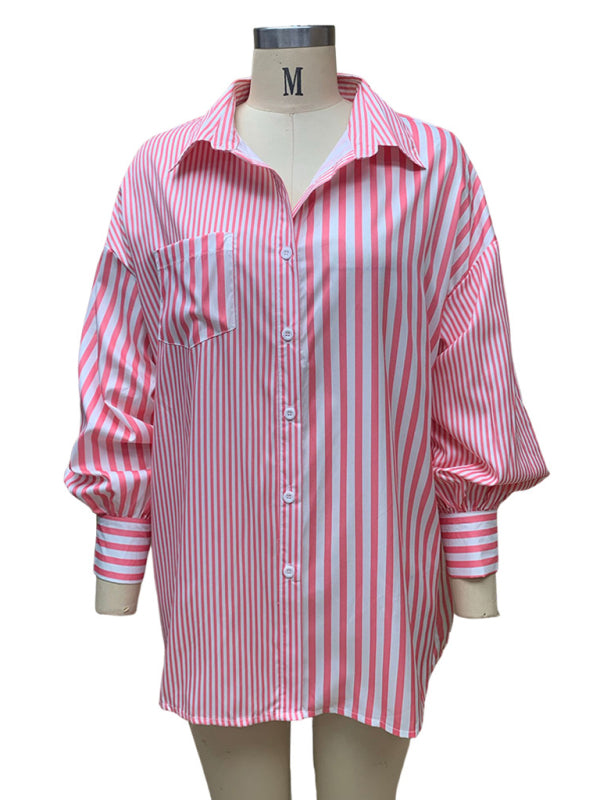 Shirts- Oversized Women's Striped Shirt with Flowy Lantern Sleeves- - IndioGear Fashion and Gear