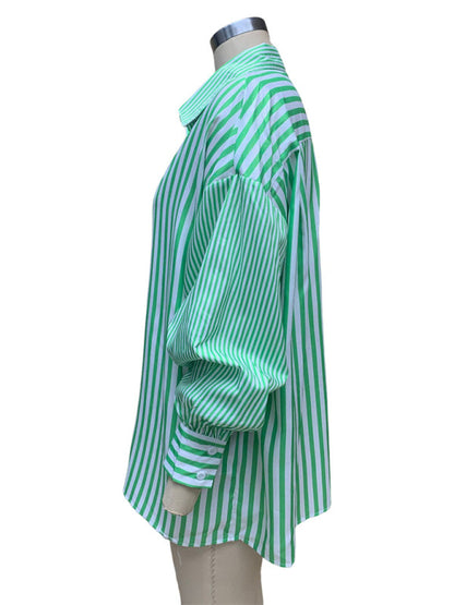 Shirts- Oversized Women's Striped Shirt with Flowy Lantern Sleeves- - IndioGear Fashion and Gear