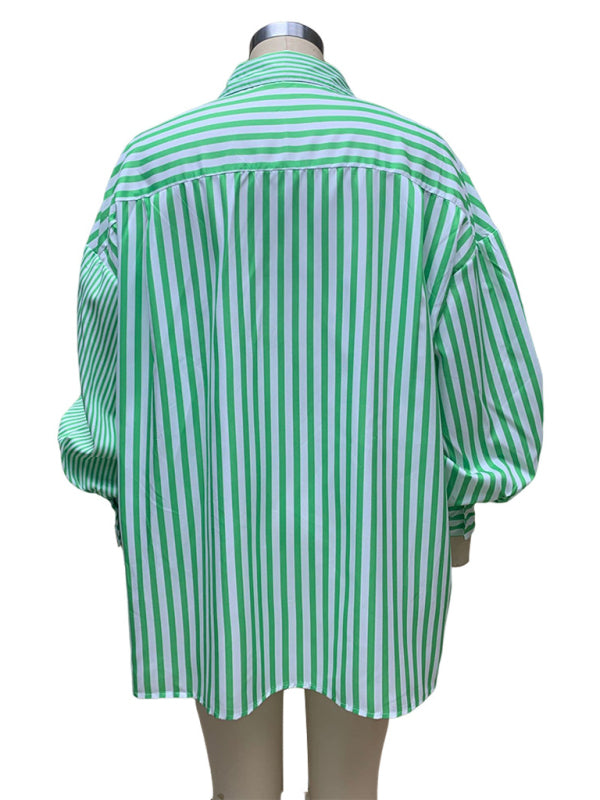 Shirts- Oversized Women's Striped Shirt with Flowy Lantern Sleeves- - IndioGear Fashion and Gear