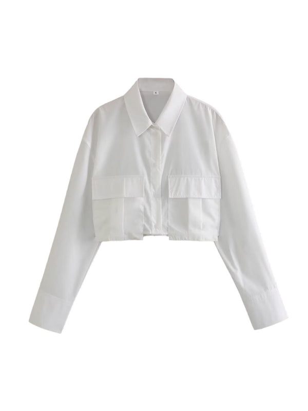 Shirts- Solid Collar Flap Crop Shirt with Long Sleeves- - IndioGear Fashion and Gear