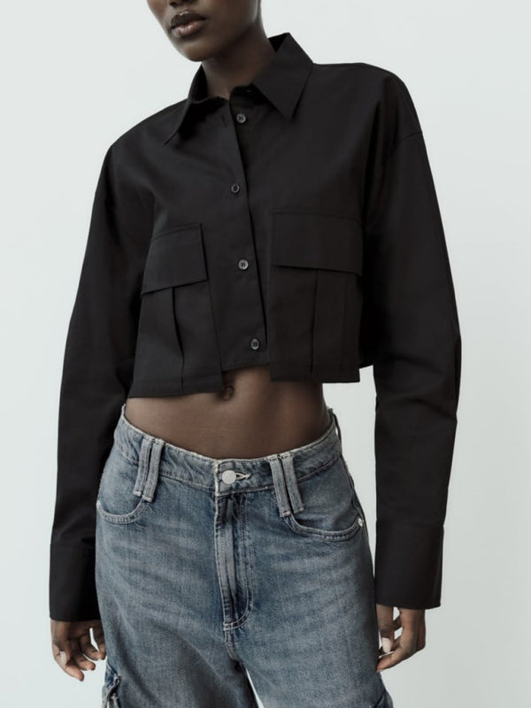 Shirts- Solid Collar Flap Crop Shirt with Long Sleeves- Black- IndioGear Fashion and Gear