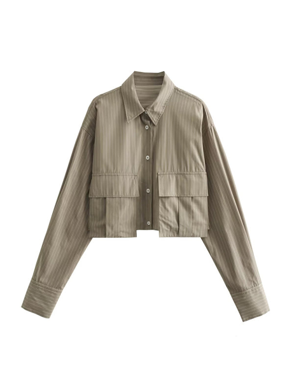 Shirts- Solid Collar Flap Crop Shirt with Long Sleeves- Khaki- IndioGear Fashion and Gear