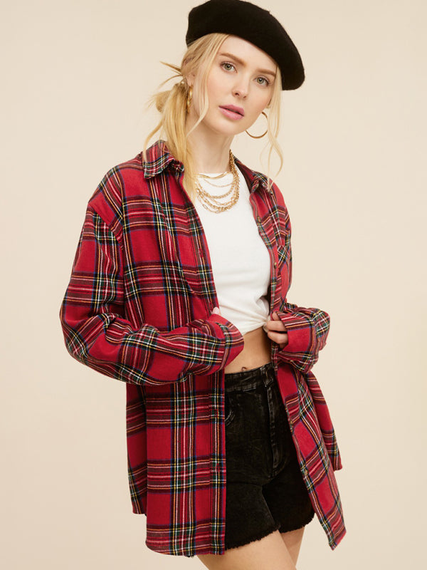 Shirts-Springtime Plaid Light Button-Up Shirt with Long Sleeves-Pekosa Women Clothing