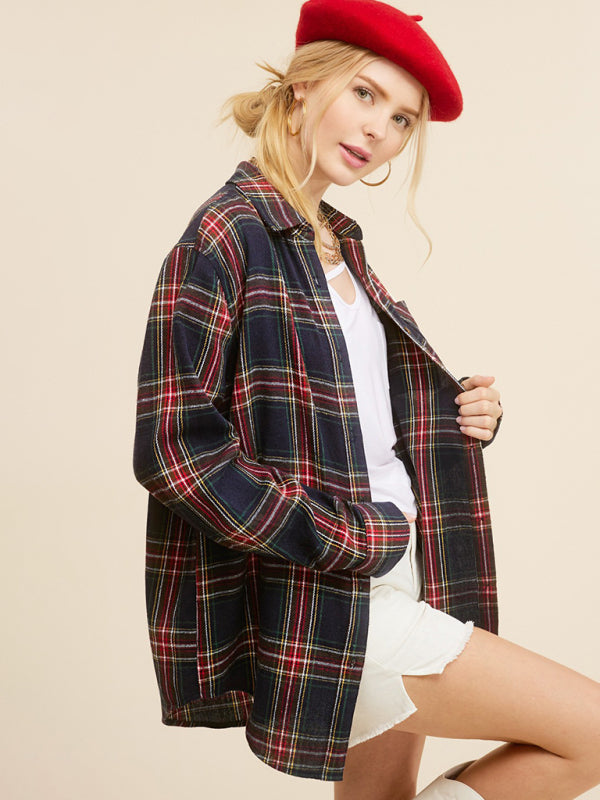 Shirts-Springtime Plaid Light Button-Up Shirt with Long Sleeves-Pekosa Women Clothing