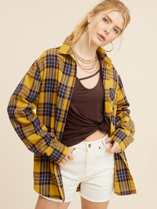 Shirts-Springtime Plaid Light Button-Up Shirt with Long Sleeves-Pekosa Women Clothing