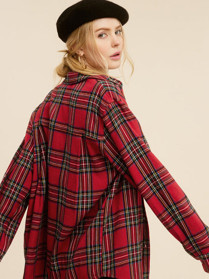 Shirts-Springtime Plaid Light Button-Up Shirt with Long Sleeves-Pekosa Women Clothing