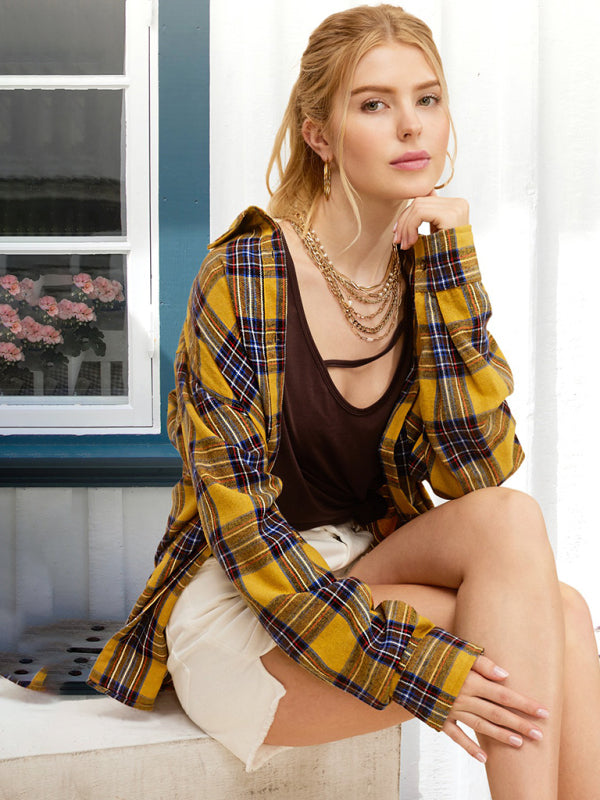 Shirts-Springtime Plaid Light Button-Up Shirt with Long Sleeves-Pekosa Women Clothing