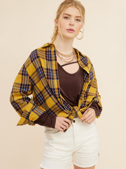 Shirts-Springtime Plaid Light Button-Up Shirt with Long Sleeves-Pekosa Women Clothing