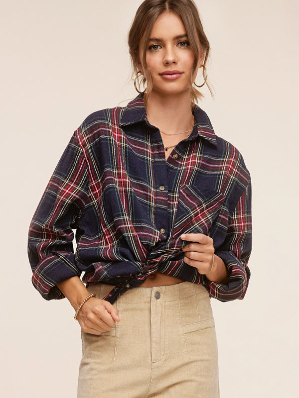 Shirts-Springtime Plaid Light Button-Up Shirt with Long Sleeves-Pekosa Women Clothing