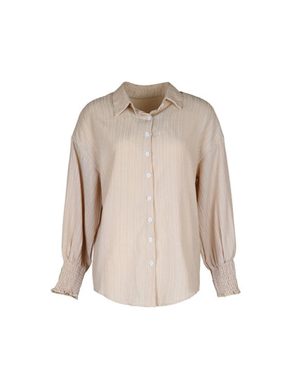 Shirts- Textured Long Sleeve Blouse - Button-Down Shirt- - IndioGear Fashion and Gear