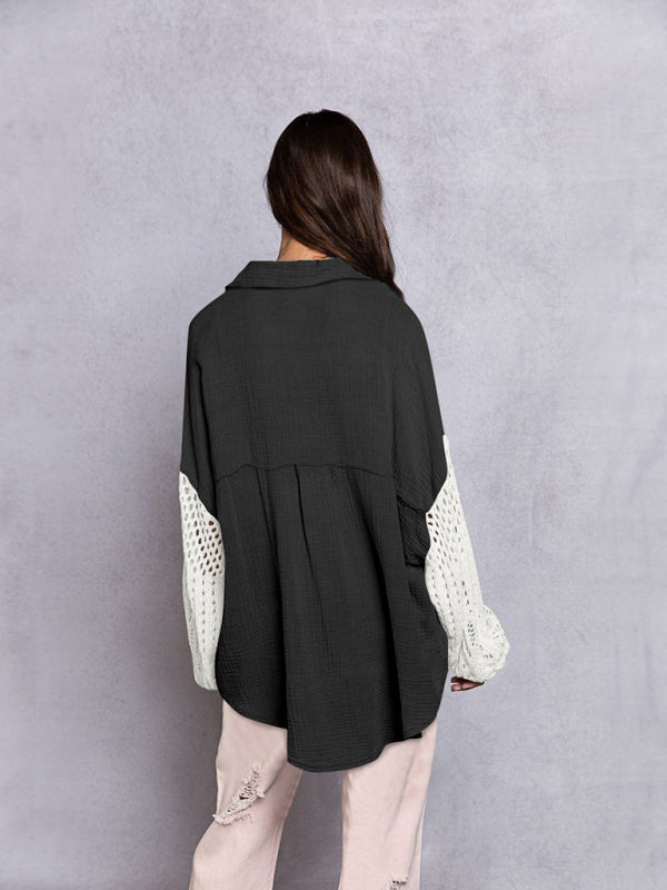 Shirts- Textured Oversized Shirt with Drop Shoulder and Patchwork Knit Long Sleeves- - IndioGear Clothing and Gear