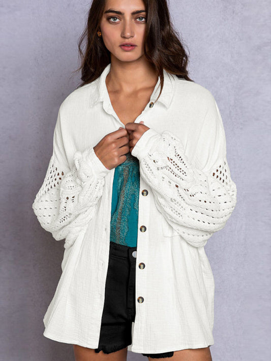 Shirts- Textured Oversized Shirt with Drop Shoulder and Patchwork Knit Long Sleeves- White- IndioGear Clothing and Gear