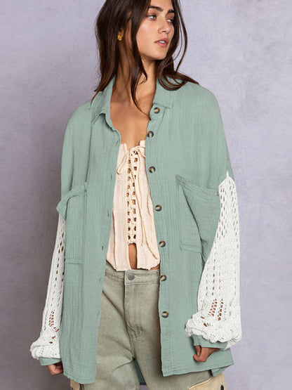 Shirts- Textured Oversized Shirt with Drop Shoulder and Patchwork Knit Long Sleeves- Green- IndioGear Clothing and Gear