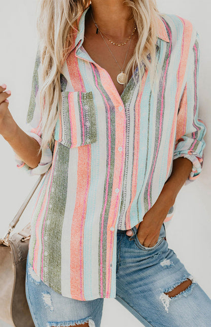 Shirts- Washed Stripes Button Down V-Neck Shirt- Pink green white stripes- IndioGear Fashion and Gear