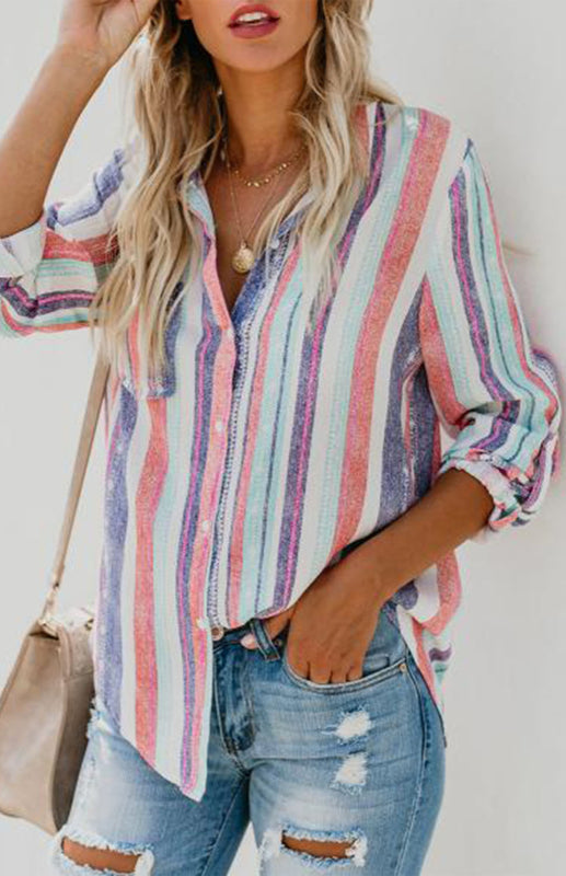 Shirts- Washed Stripes Button Down V-Neck Shirt- - IndioGear Fashion and Gear